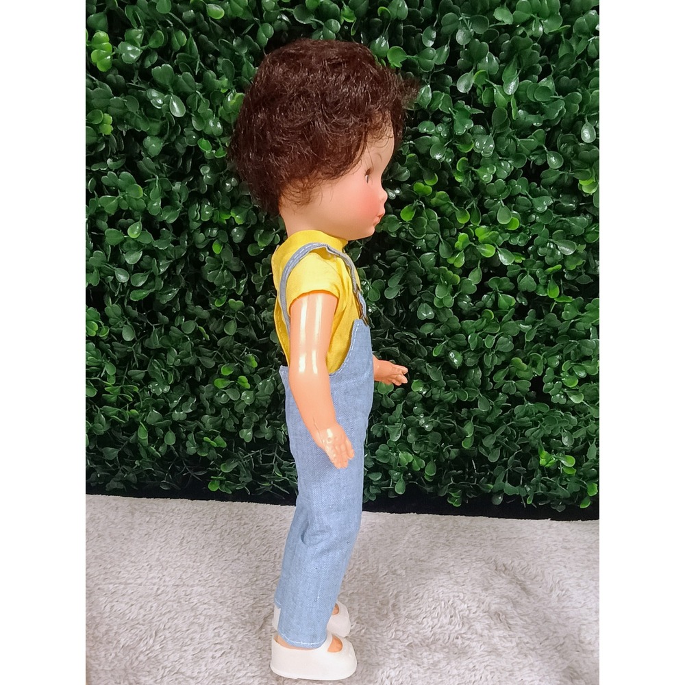 Vintage Plastic Doll Blue Overalls Yellow Shirt Blue Eyes Curly Hair Hong Kong - Picture 7 of 10
